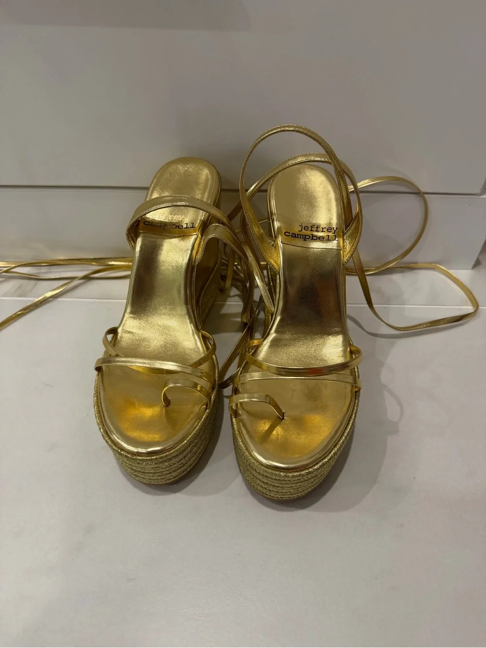 Jeffrey Campbell Metallic Gold Platform Lace-Up Wedge Sandals